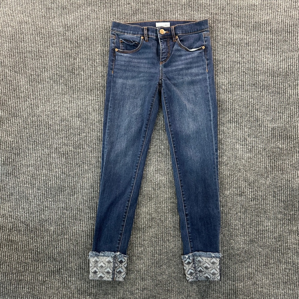 Loft Skinny Jeans Womens 24 Dark Blue Wash Embroidered Geometric Frayed Cuff